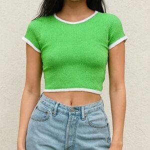 J.Crew Cropped cap-sleeve sweater Baby Tee Shirt Neon Green Large